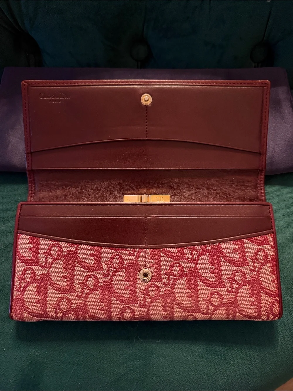 Dior Vintage Trotter Burgundy Continental Kisslock Wallet with Navy Dust Bag